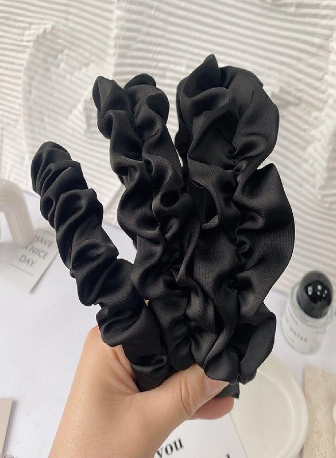 AIBFRID Black Ruffle Headbands for Women, Wide Non Slip Fashion Headband Elastic Cute Head Band Satin Silky Solid Hair Bands Trendy Hair Accessories for Women Girls 3PCS - Image 1